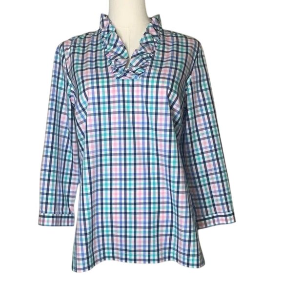 Talbots Plaid Ruffle Collar Women's Top in Spring Colors. Size 6P. - Picture 1 of 10